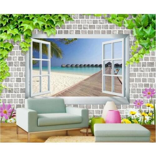 Custom mural on the wall 3d wall paper Modern green leaf window beach sea water flower decor photo wallpaper in the living room