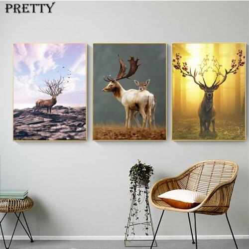 Golden Sun Deer Wall Art Decorative Paintings Animal Print Canvas Painting Living Room Poster Modern Nordic Aesthetic Room Decor