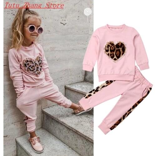 Autumn Winter 1-5 Years Toddler Kids Baby Girls Clothes Tracksuit Sets Pink Heart Leopard Tops Pants Outfits Bebes Christmas