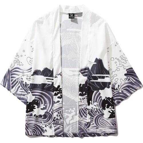 Japanese Style Kimono Jacket Sea Wave Dragon Print 2020 Men Harajuku Streetwear Jacket Coat Casual Thin Gown Sweat Wear Japan