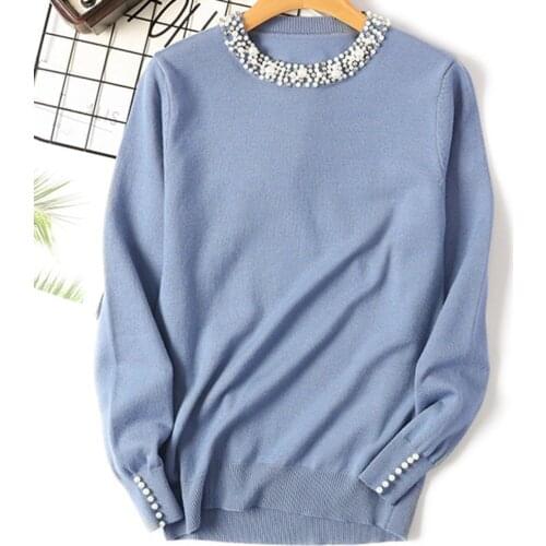 Fashion Solid Color Beading Round Neck Sweater Pullover Women Loose Knitted Top женские свитера