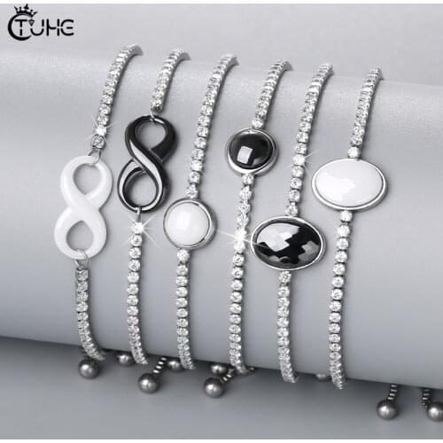 White Black Ceramic Adjustable Bracelet Bangle For Women Captivate Bar Slider Brilliant CZ Tennis Bangle Silver Color Pulseira