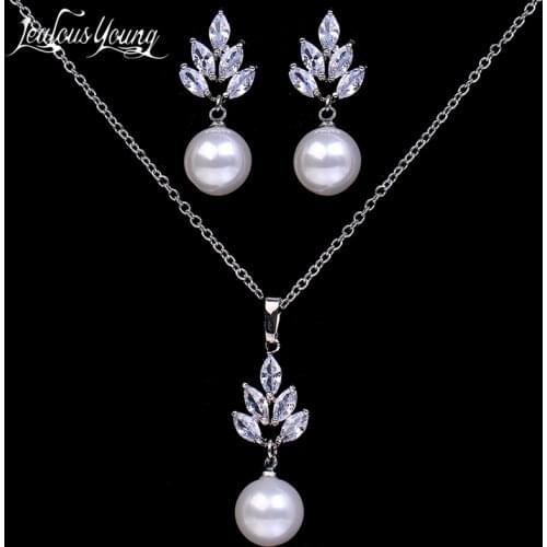 Luxury CZ Zirconia Simulated Pearl Earrings Pendant Necklace Sets Fashion Ceystal Elegant Women Wedding Accessories