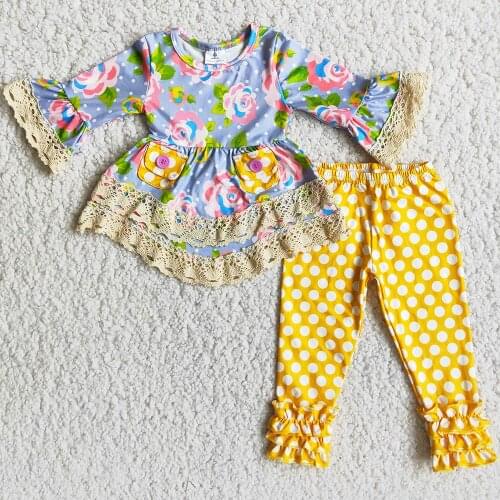 RTS Wholesale Kids Designer Clothes Girls Tunic Flowers Icing Outfits Toddler Baby Girls Clothing Sets Lace Children Clothes Hot