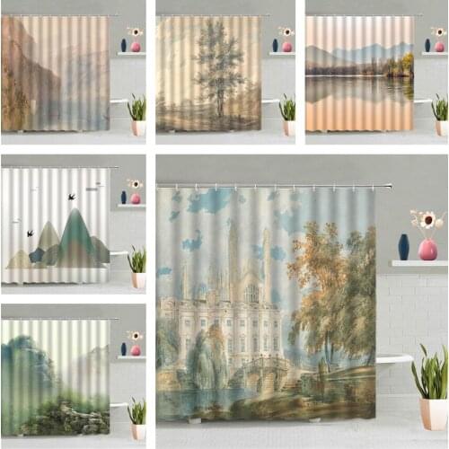 Nordic Mount Water Shower Curtain House Architecture Forest Tree Scenic Hanging Curtains Oil Painting Bathroom Waterproof Decor