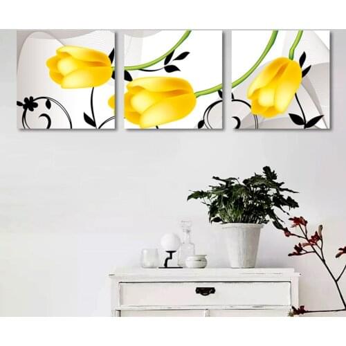 Modern Home Decoration Unframed 3 Pieces Modular Flower Painting Yellow Tulip Canvas Wall Art Pictures for Living Room Decor