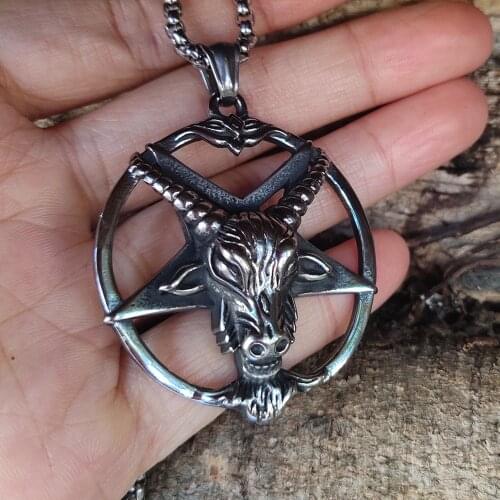 Vintage Stainless Steel Satan Necklace Pendant Punk Biker Men Pentagram Skull Sheep Head Chain Jewelry Goth Accessories