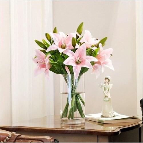 High Quality 10 Pieces Home Art Decor White Real Touch 30cm Plastic Lily Artificial Flower Bouquet For Hotel Wedding Party Favor
