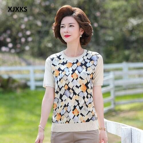 XJXKS Loose plus size round neck short-sleeved women T-shirt 2021 summer new high-quality thin women knitted T-shirt