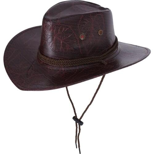 PU Leather Western Cowboy Rider Hat Mongolia Grassland Unisex Big Brim Hat Sunscreen Outdoor Climbing Hat Cosplay Costume Props