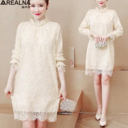 Woman dress 2020 autumn plus size dress ruffled elegant hairy Hook flower Solid long Sleeve lace office lady Party Dresses 5XL