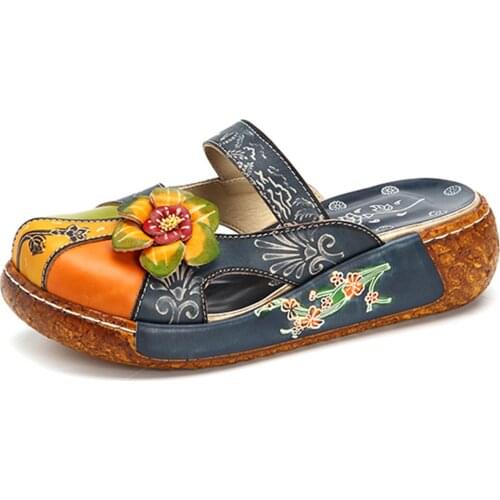 2019 Full Genuine Leather Shoes Woman Slippers Platform Sandals Vintage Flower Slides Ladies Female Outdoor Flat Slippers