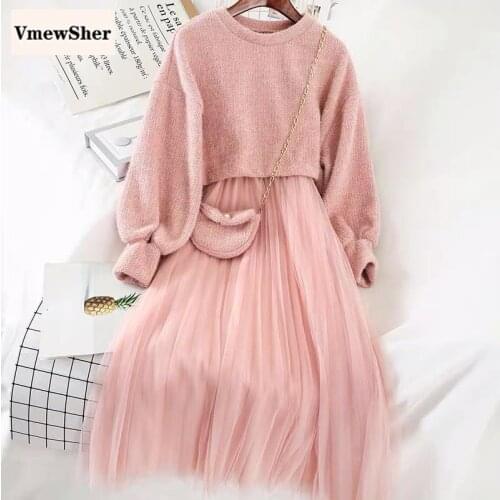 VmewSher New with Bag Sweet 3 Pieces Set Women Knitted Sweater Spring Autumn O-Neck Loose Crop Top Mesh Sling Dress Suit Girls