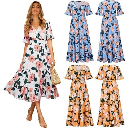 Women Floral Print Boho Maxi Dress Sexy Lady Bohemian Summer Long large swing Dress Beach Dresses Female Robes party dresses