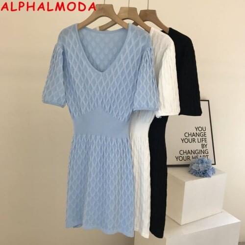 ALPHALMODA 2021 French V-neck Puffy Dress Womens Summer Knitted Dress Slim Fit Solid Color Women Casual Knitting Dress
