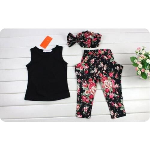 2020 Fashion 3PCS Children Girls Clothing Set Summer Sleeveless Black T-shirt Floral Pants Headband Trend Girl Clothes