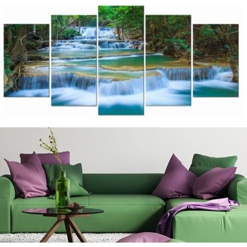 XQL ART 5pcs/set Peaceful Waterfall Modern Giclee Canvas HD Prints Artwork Landscape Picture Paintings Wall Art for Home Decor