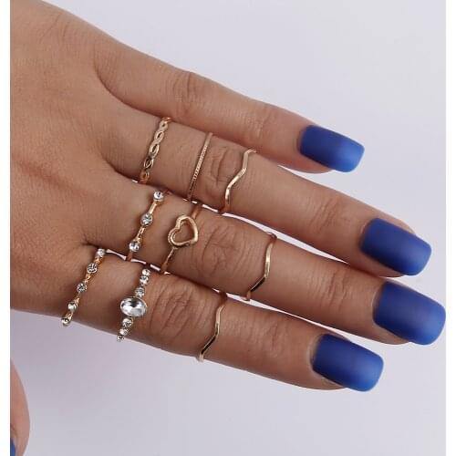 9 pcs/sets Bohemian Geometric Rings Sets Clear Crystal Stone Gold Chain Rings for Women Jewelry Accessories Jewelry 2020