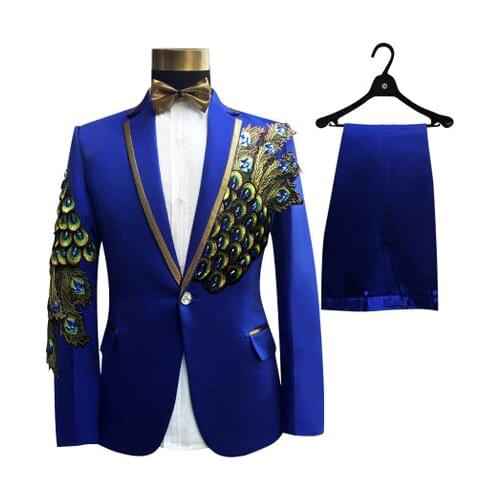 Freeship 100%real mens royal blue/red/ peacock embroidery beading tuxedo suit /event/studio/stage performance/jacket with pants