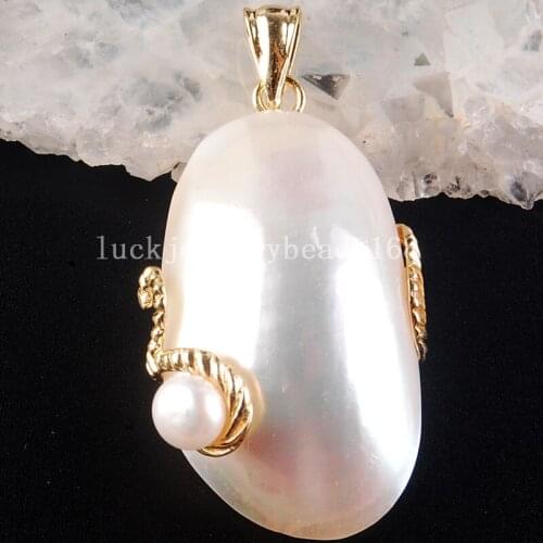 Free Shipping Women Fashion Jewelry 25x43x18mm Beautiful White Mother of pearl Shell Oval Pendant Bead C3786
