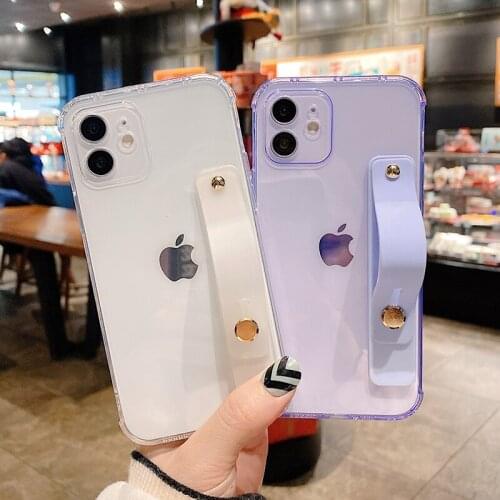 Candy Color Wrist Strap Stand Phone Case For iPhone 12 11 Pro Max X XS Max XR 7 8 Plus SE 2020 Transparent Holder Soft TPU Cover