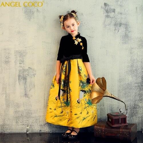 Childrens Dress Qipao Girls Wedding Party Gown Costumes Satin Retro Banquet Christmas Female Flower Girl Skirt Ropa Europea
