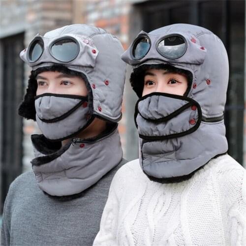 Men Winter Bomber Hats Russian Ushanka Plush Earflap Cap with Goggles Women Windproof Trapper Pilot Hat Snow Ski Balaclava Caps