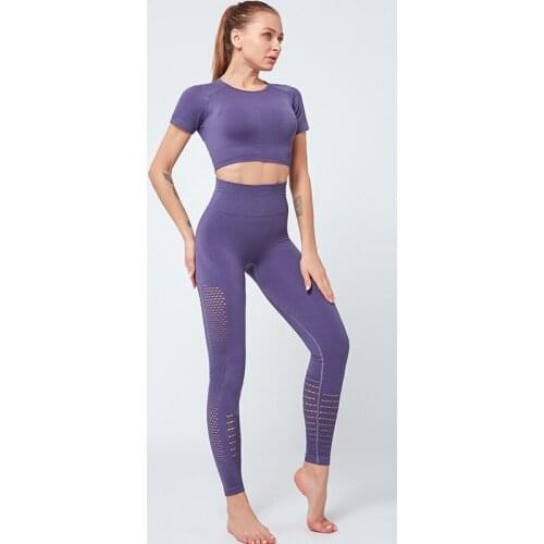 2020 Seamless 2 Piece Set Women Short Gym Top+High Waist Sport Leggings Solid Yoga Set Mesh Sport Set Women Ropa Deportiva Mujer