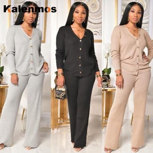 Kalenmos Cardigan Button Straight Leg Two Piece Outfits for Women Color Single-breasted Loose Long-sleeved Top 2 Peice Sets