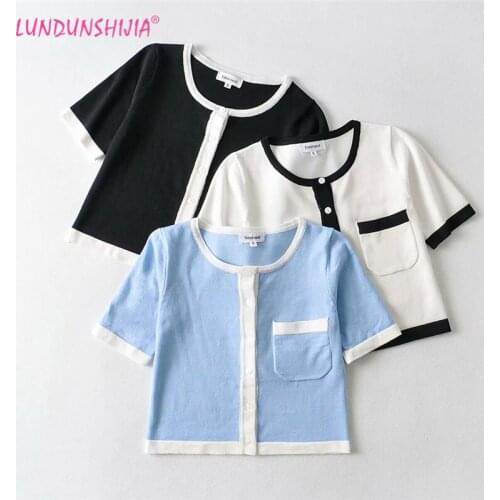 LUNDUNSHIJIA Cardigan Crop Tops For Sexy Women Summer Fashion O-Neck Short-Sleeve Patchwork Knitting Cardigans Top