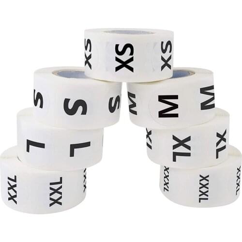 500Pcs 1 inch 7 Sizes Clothing Size Round Stickers Labels White Self-Adhesive Scrapbook Sticker with Black Text/Retail