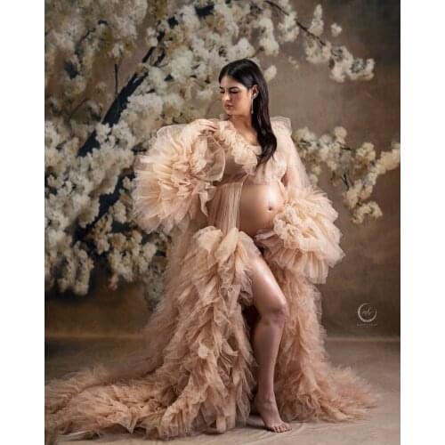 Sexy Open Front Ruffles Maternity Dresses for Photography Sweep Train Tiered Womens Party Dress Long Puffy Sleeve Zipper Back