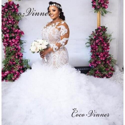 Tulle Tassel Train Mermaid Wedding Dresses Europen and American New Style Long Sleeves Lace Appliques Bride Dress W0853