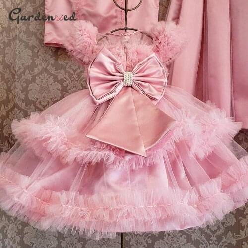 Gardenwed Puffy Girl Princess Dress Pink Ball Gown Flower Girl Dresses 2020 Bow Pearls Girl Wedding Party Dress Birthday Dress