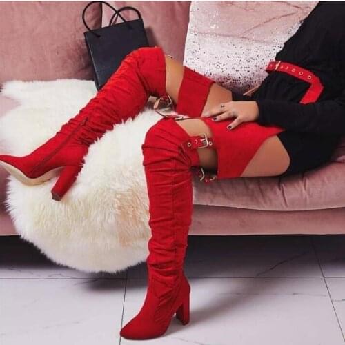 High Quality Red Stretch Women Square Heels Boots Over The Knee Thigh High Belted Boots Pointed Toe Zipper Waist Women High Boot