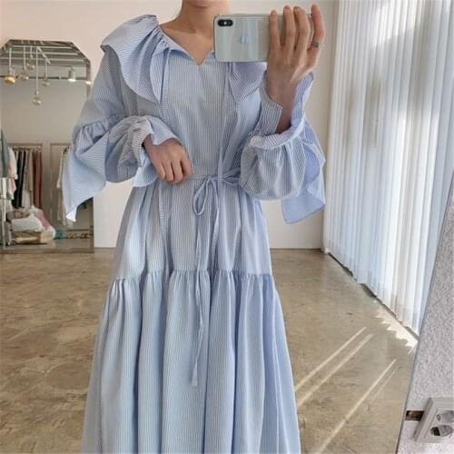 CHIC INS KOREAN STYLE FASHION BLOCKING STRAIGHT SWEET STRIPED CASCADING RUFFLES COMFORT LIGHT MAXI VINTAGE DRESS FOR LADY