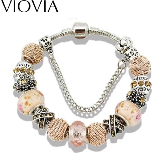 VIOVIA High Quality Charm Beaded Bracelet with Invisible Setting Beige Glass Fit Pan Original Alloy Bead with Artificial B15160