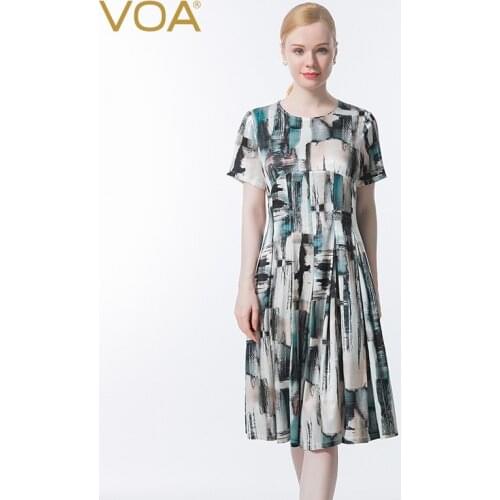 VOA Silk Printed Elastic Satin O-Neck Dresses Short Sleeve with A Buckle Pleat Waist Breathable Summer Womens Dress 2021 AE969