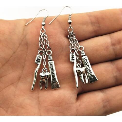 1 pair Dentist earrings, Dentist gift, Dental Nurse, Dental instruments, Tooth, Toothpaste ,Tooth brush charm earrings