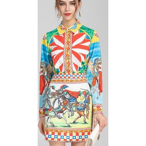 2021 Autumn Sicily Skirt Set Fashion Designer Long Sleeve Shirt+High Waist Vintage Printed Skirt Office Lady Suits