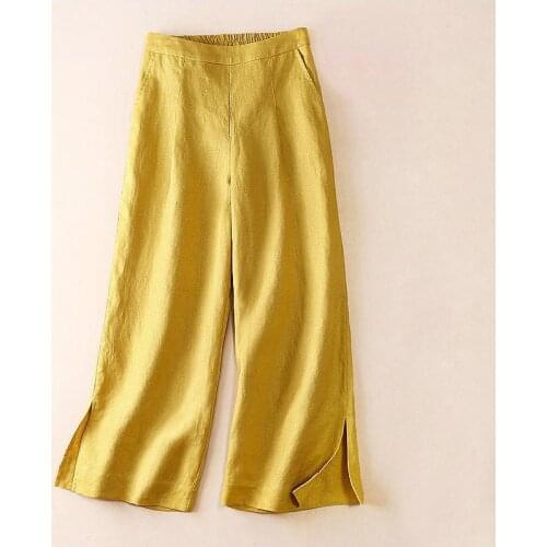 2020 Summer Spring Womens Stretchy High Waisted Beige Black Yellow Linen Trousers , Wide Leg Pants for Woman Clothes