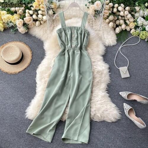 Guilantu Summer Spaghetti Strap Backless Jumpsuits For Women 2021 Elastic Waist Pocket Off Shoulder Jumpsuit Sleeveless Party