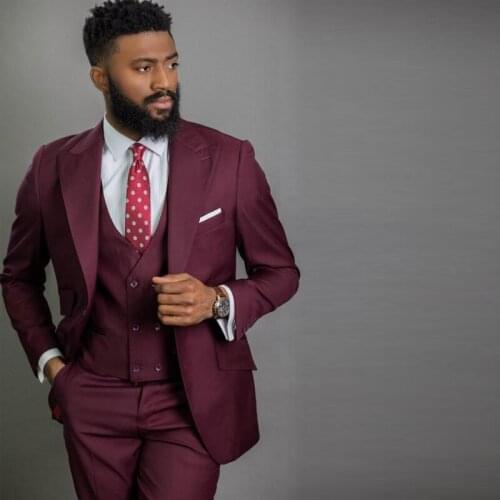 SZMANLIZI 2021 Burgundy Costume Homme 3 Pieces Wedding Tuxedos Peak Lapel Slim Fit Groom Suits For Men (Jacket+Pants+Vest)