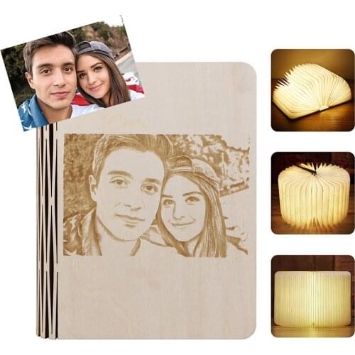 Custom Photo Engraved Book Lamp Creative Rechargeable LED Home Decoration Magnetic Foldable Wooden Night Light for Lovers Gift
