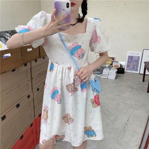 Summer Women Dress Korean Cute Little Bear Print Puff Sleeve Kawaii Dress Fashion Soft Girl Dresses Bab Ydoll Y2k Vestidos Mujer