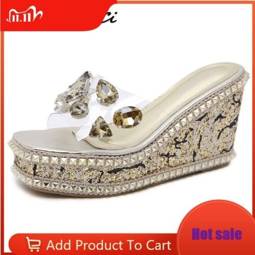 Summer Women Platforms Peep toe Wedge Sandals Shoes Woman Rivets Bling Crystal Muffin Bottom Clear High Heels Sandals