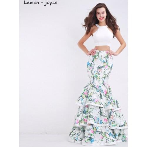Fashionable Two-Piece Prom Dresses 2020 New Styles Floral Print O-neck Sleeveless Long Evening Party Gowns for Women Plus Size