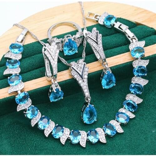 Exquisite Blue Yellow Crystal 925 Silver Jewelry Sets For Women Wedding Bracelet Long Earrings Necklace pendant Ring 4PCS