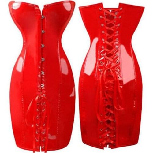18 New Women Wet Look Lace Up Body Shaper Overbust PVC Slimming Corset Mini Dress