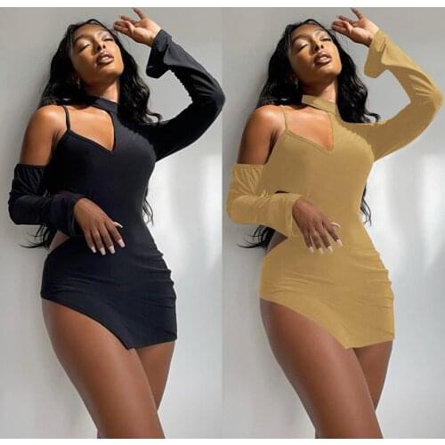 RStylish 2021 Autumn Womens Solid Color Long Sleeve O Neck Hollow Out Bodycon Party Club Wear Mini Dresses